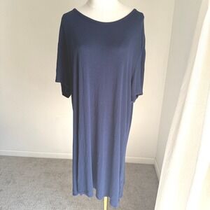 Cozy Earth Navy Blue Bamboo Ribbed Short Sleeve Lounge Dress Large Comfy Casual
